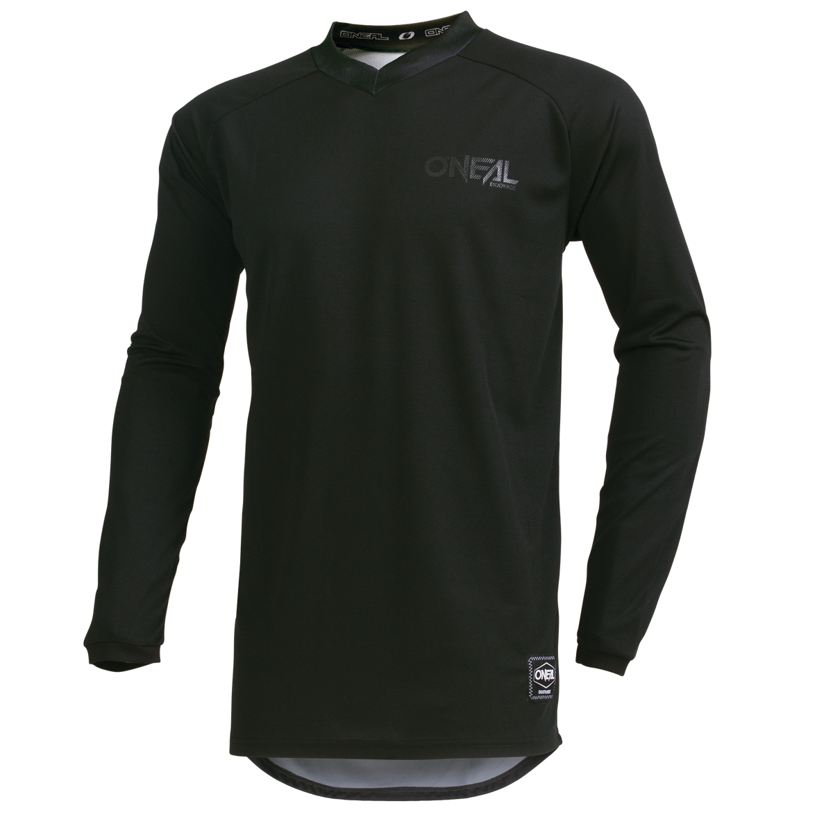 La maglia O'NEAL Element CLASSIC è una maglia nera a maniche lunghe in materiale traspirante con un discreto logo sul petto e una piccola etichetta sull'orlo inferiore, raffigurata su sfondo bianco.