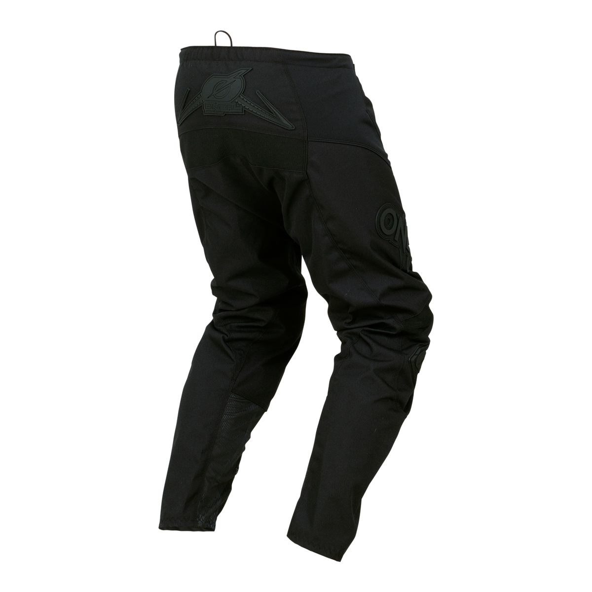 Schwarze O'NEAL ELEMENT Hose CLASSIC von hinten gesehen, mit verstärkten Einsätzen für zusätzlichen Schutz, detaillierten Nähten und dezenten dunklen Logos an Bund und Oberschenkel - perfekt für Motorsportfans.