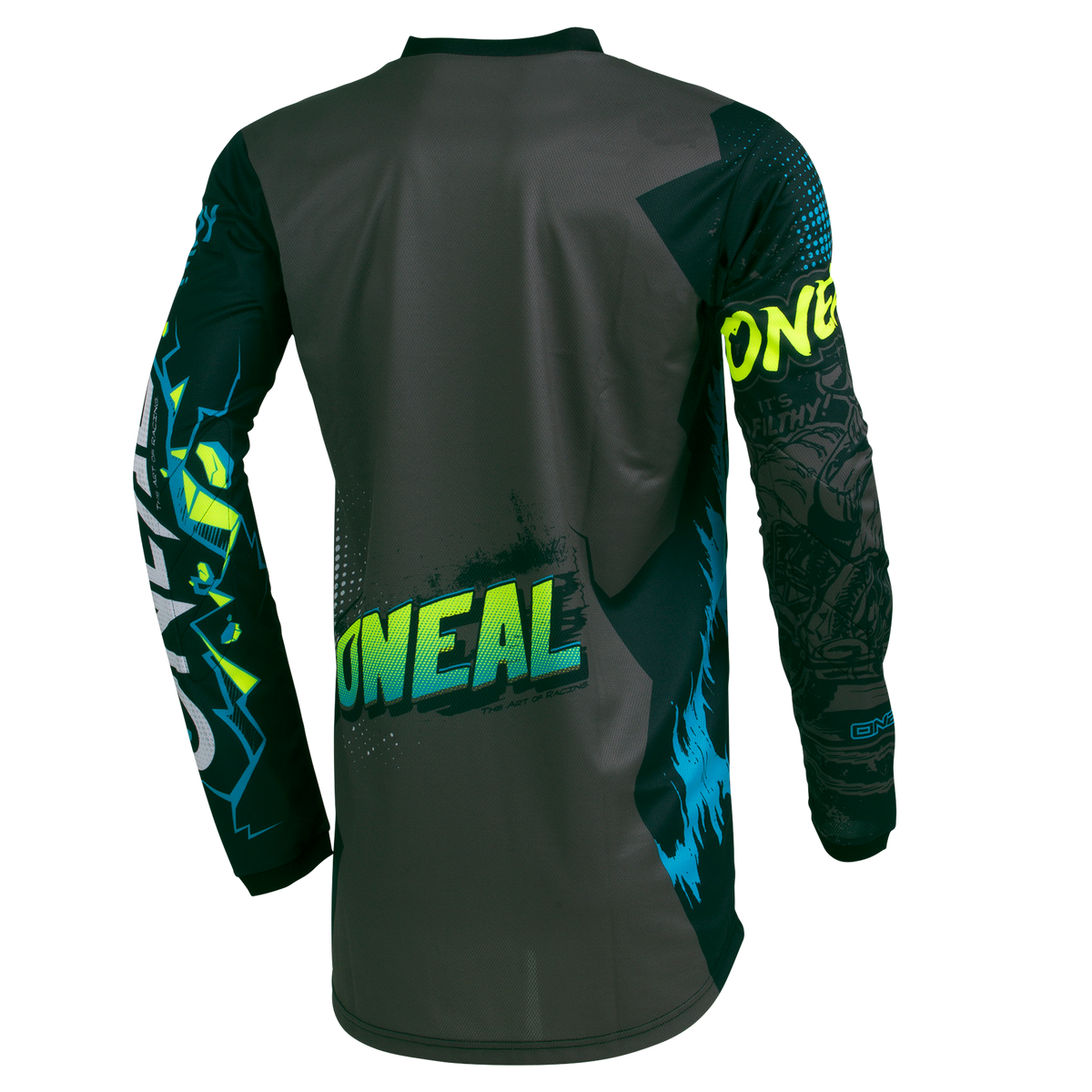La maglia O'NEAL Custom Jersey Bambini Villain ha maniche lunghe, una base scura con grafiche blu, gialle e verdi e la scritta "#ONEAL" sulla schiena e sulle maniche per un look accattivante.