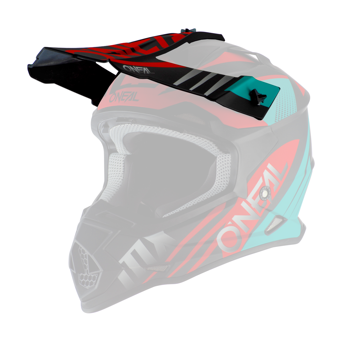 Le casque O'NEAL Visor 2SRS SPYDE 2.0 est un casque de motocross coloré avec des graphiques rouges, noirs, turquoises et gris, une visière, des ouvertures d'aération, un intérieur rembourré et le logo "O'NEAL" sur le côté.