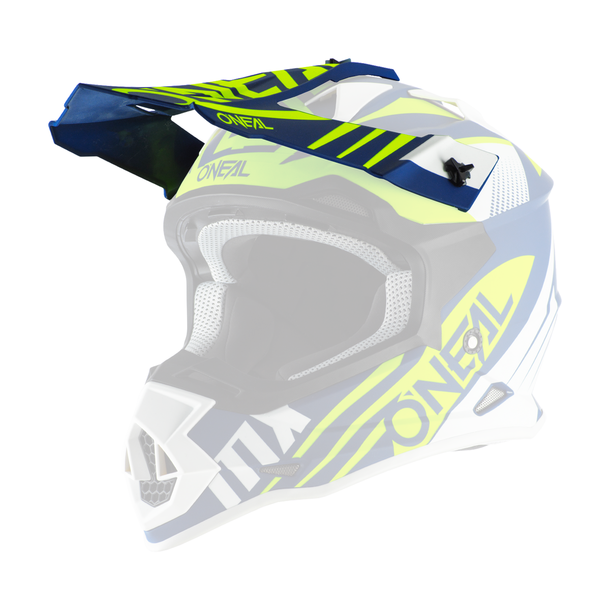 Le casque O'NEAL Visor 2SRS SPYDE 2.0 se décline en bleu, blanc et jaune fluo et dispose d'une visière, de moulures noires, d'une ouverture de bouche en maille et de graphiques latéraux accrocheurs.