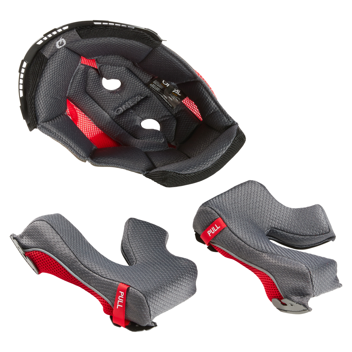 El conjunto de casco O'NEAL Liner & Cheek Pads 5SRS consta de una almohadilla acolchada gris y roja, extraíble, para la cabeza y almohadillas para las mejillas con lengüetas rojas "PULL" de tejido de malla transpirable.