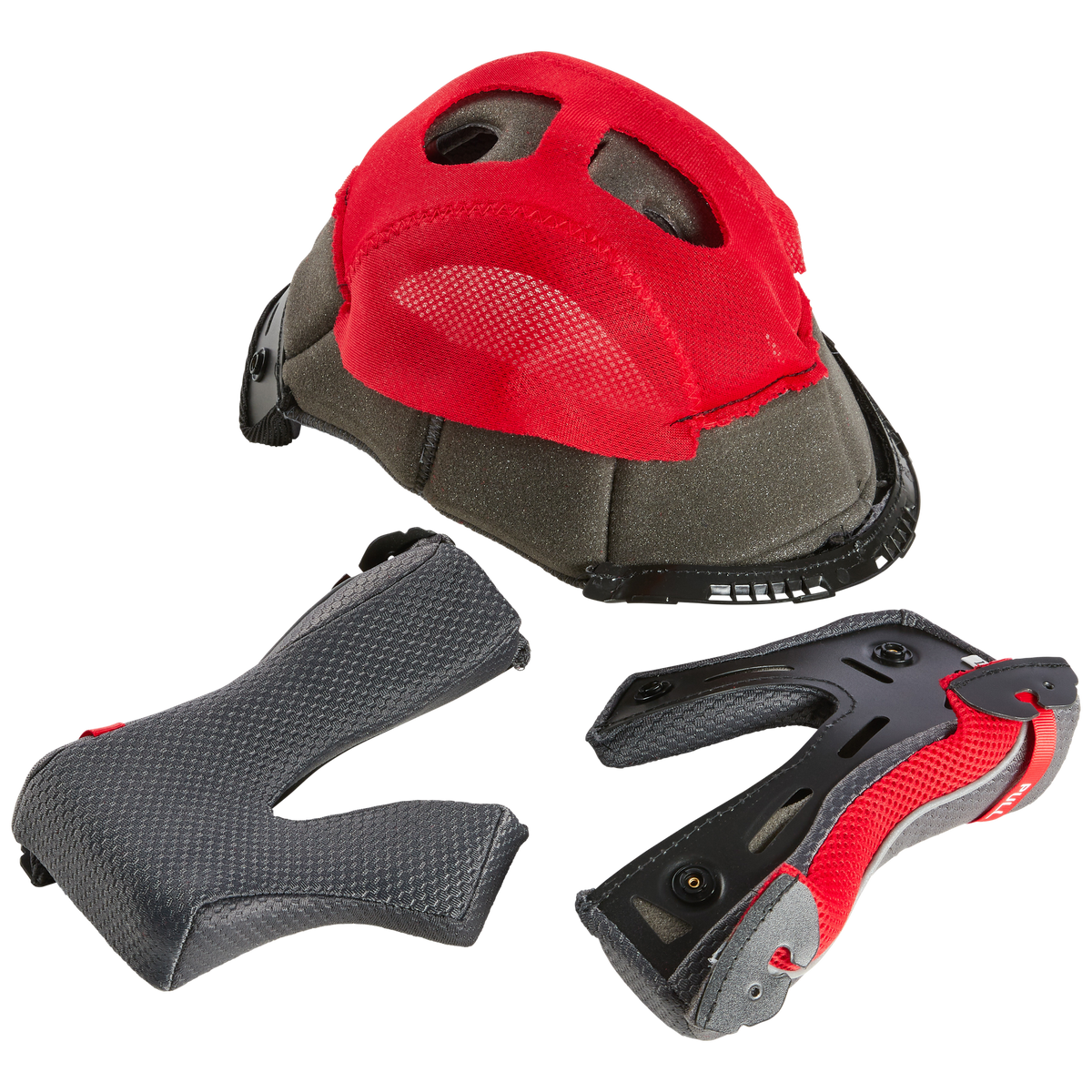 El Juego de Casco O'NEAL Liner & Cheek Pads 5SRS consta de un forro de cabeza rojo y gris, una almohadilla gris en forma de V y una almohadilla negra y roja en forma de Y de O'NEAL, todo ello sobre fondo blanco.