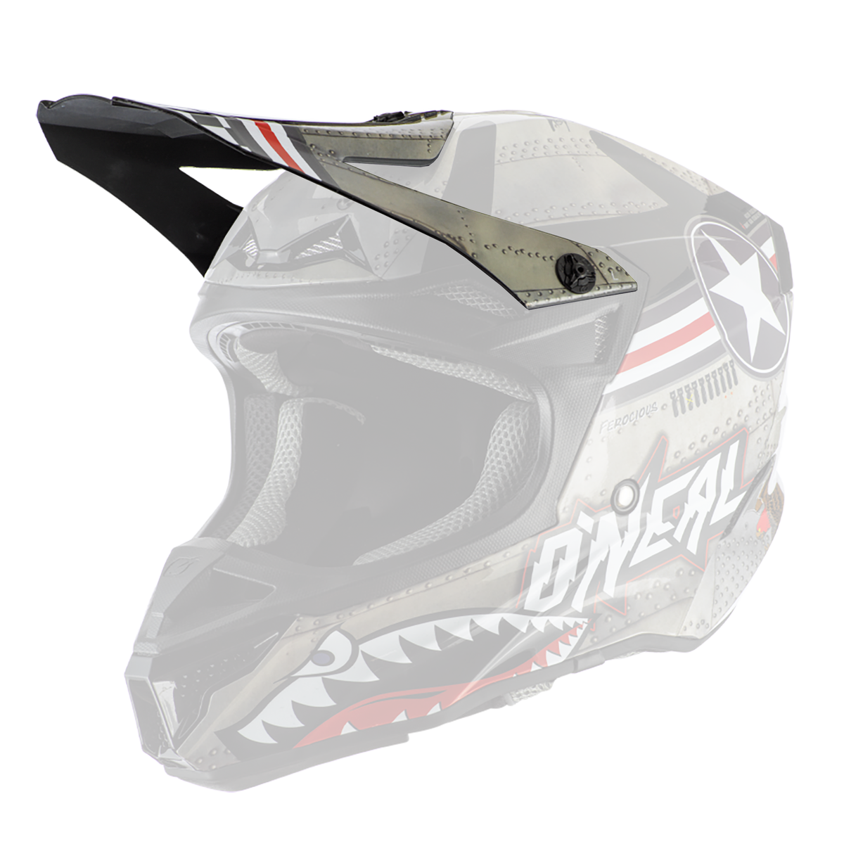El casco O'NEAL Visor 5SRS WINGMAN tiene una visera negra, una boca de tiburón con dientes afilados, remaches metálicos, una estrella blanca en un círculo y la marca O'NEAL en el lateral.