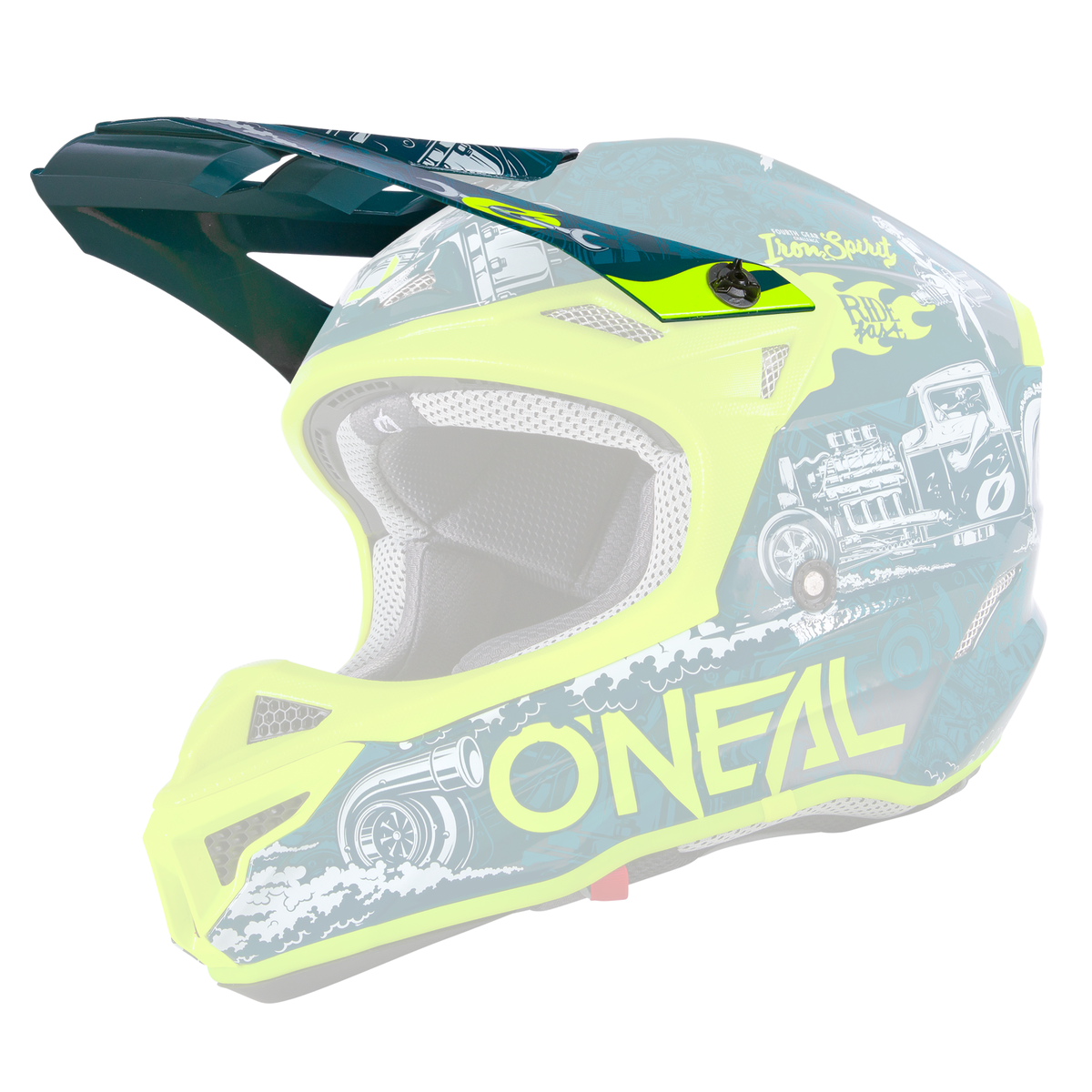 Le casque O'NEAL Visor 5SRS Polyacrylite Helmet HR est un casque de motocross plein de vie avec une bande décorative jaune fluo, des graphiques bleu foncé, des illustrations de camions et le logo distinctif "O'NEAL" sur le côté.