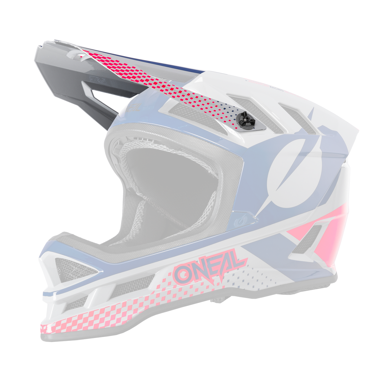 Il casco O'NEAL Visor Blade Polyacrylite ACE è un casco da motocross integrale blu, bianco e rosso con visiera, mentoniera, motivi geometrici e scritta "O'NEAL" rossa sul lato.