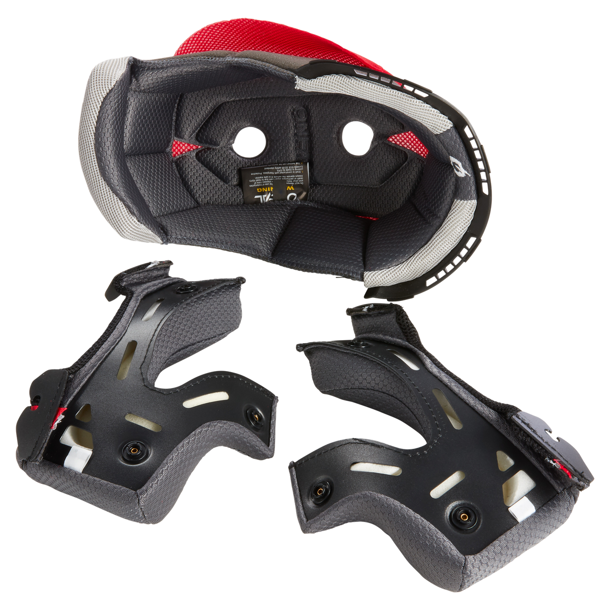 Le casque O'NEAL Liner & Cheek Pads 10SRS se présente de l'intérieur avec deux coussinets intérieurs amovibles noirs et rouges avec des trous d'aération sur le devant.