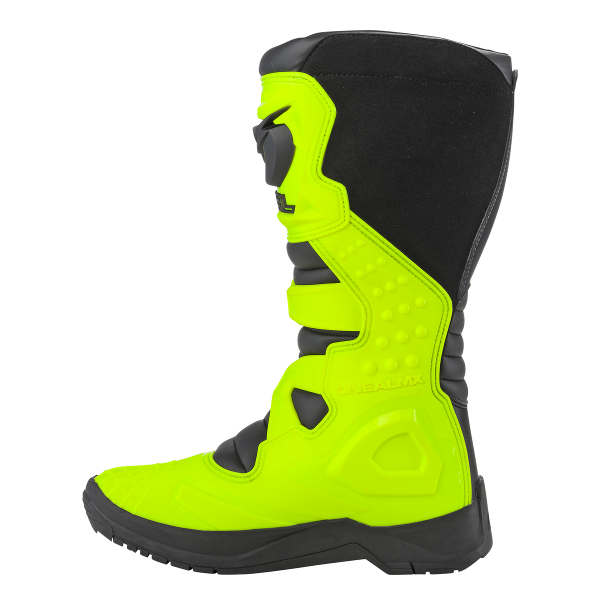 Ein einzelner O'NEAL RSX Stiefel in Schwarz und Neongelb mit strukturierter Sohle, Schienbeinschutz und verstärkten Einsätzen, in der Seitenansicht auf weißem Hintergrund.