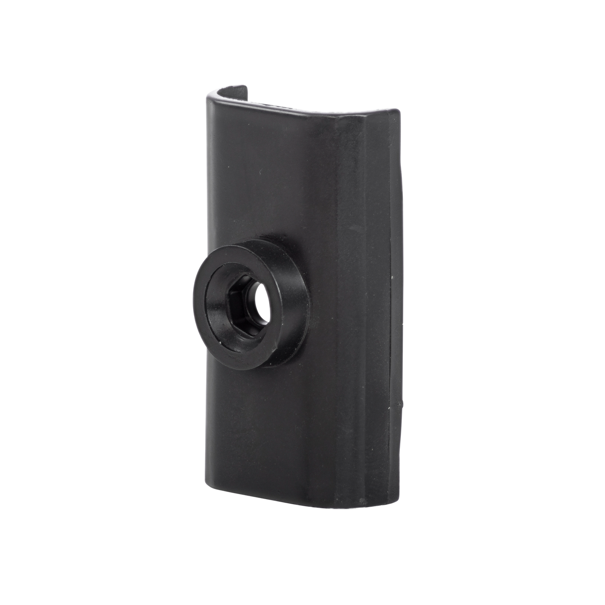 L'O'NEAL RACE TENT Double Rod Connector di O'NEAL è una parte in plastica nera, rettangolare, con bordi arrotondati e un'apertura circolare centrale, visualizzata su uno sfondo bianco.