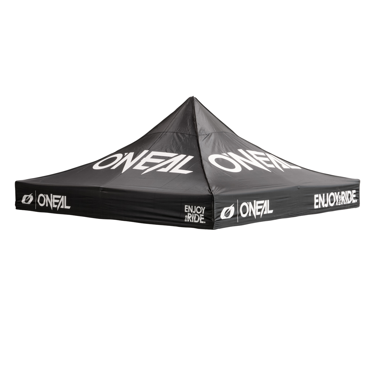 La copertura O'NEAL RACE TENT è una tettoia nera con il logo O'NEAL e la scritta "ENJOY THE RIDE" stampata in bianco su tutti i lati e sul tetto.