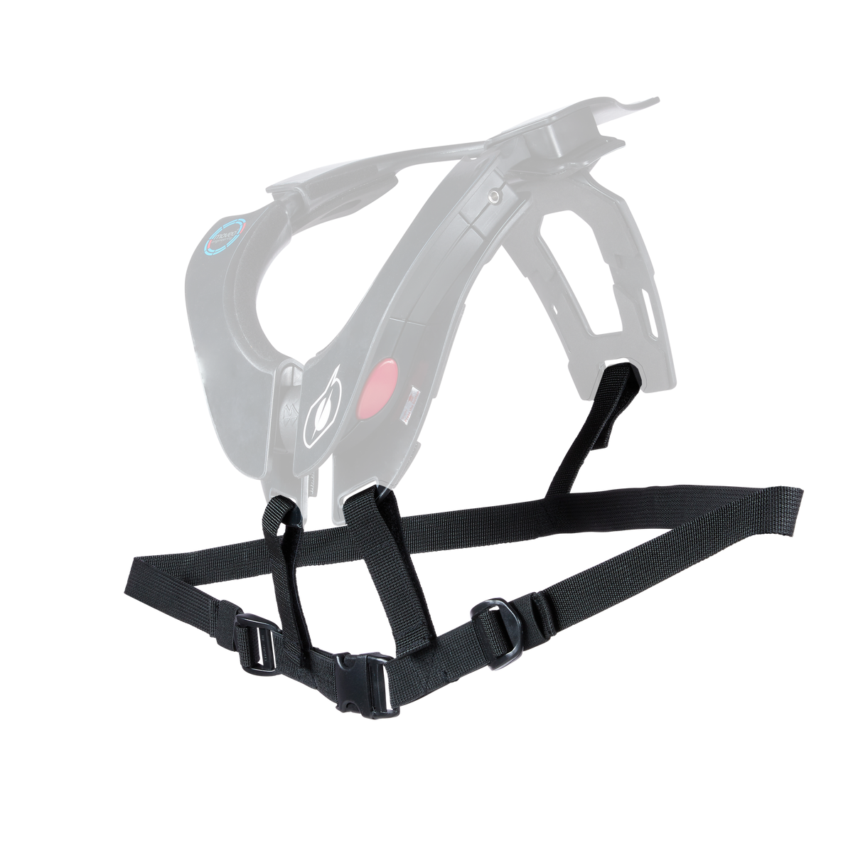 Le Neckbrace TRON Harness d'O'NEAL est un dispositif noir mains libres avec des sangles réglables, une poignée, un bouton rouge et un logo bleu, conçu pour un soutien confortable.