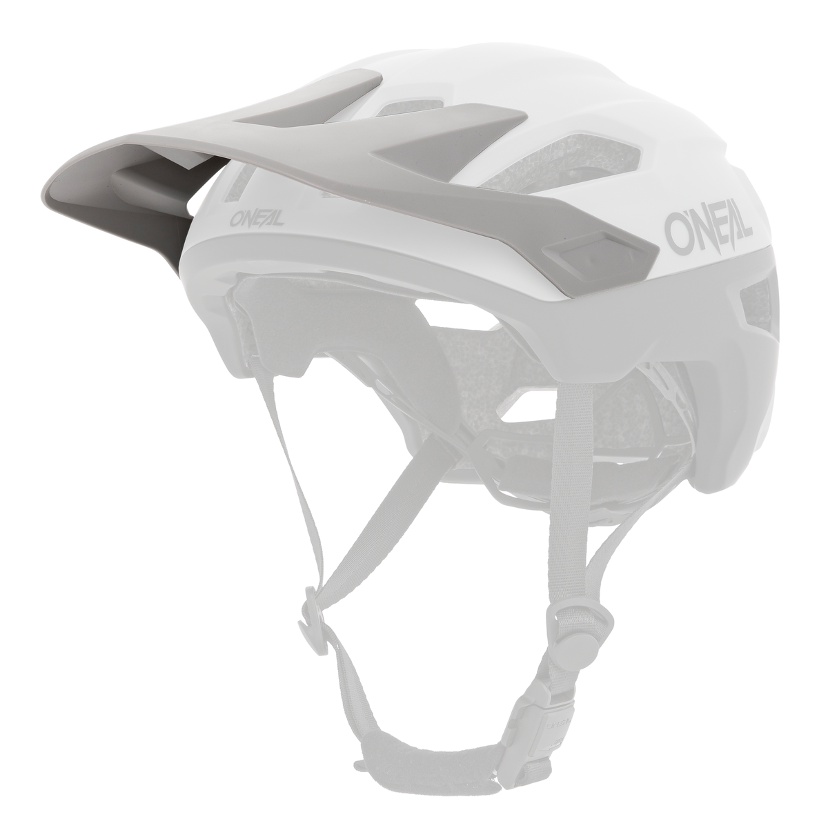 Der O'NEAL Visor TRAILFINDER Helmet SPLIT in Weiß und Schwarz verfügt über ein Visier, Belüftungslöcher und einen verstellbaren Kinnriemen. Abgebildet auf einfarbig weißem Hintergrund.