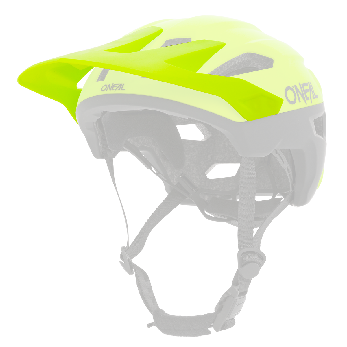 Le casque O'NEAL Visor TRAILFINDER Helmet SPLIT est un casque de vélo jaune vif et noir avec une visière et une mentonnière ajustable, conçu par O'NEAL pour la sécurité et une excellente ventilation.