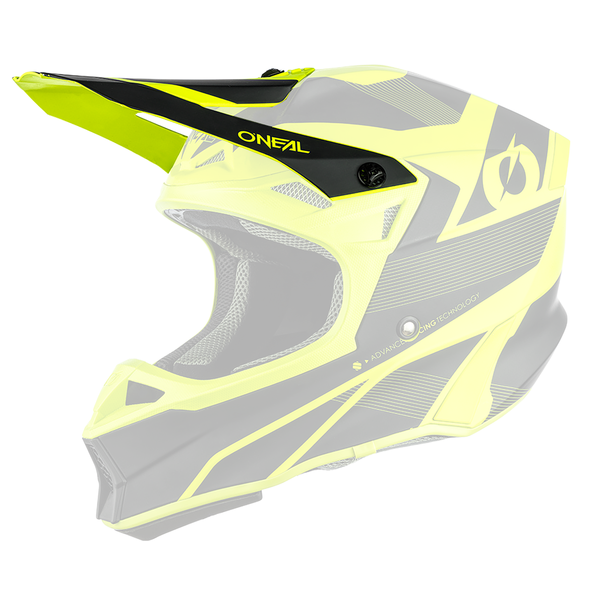 Le casque O'NEAL Visor 10SRS Hyperlite COMPACT se voit de côté. Il a un design anguleux jaune vif et noir, une visière et le logo O'NEAL.