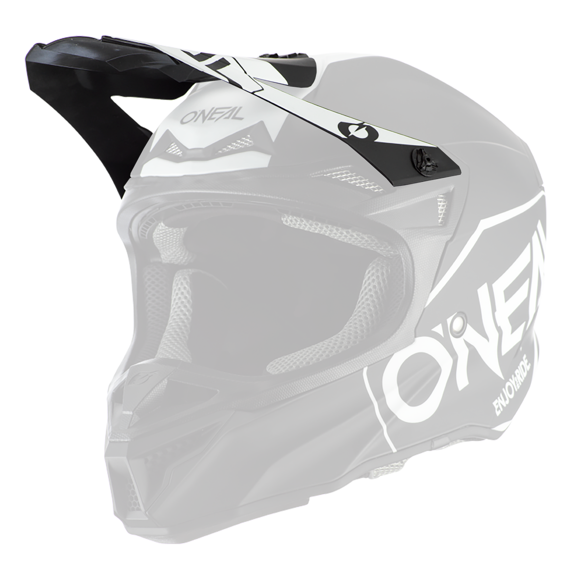 El Casco O'NEAL Visor 5SRS Hexx es un casco de motocross blanco y negro con visera, malla de ventilación y el llamativo logotipo de O'NEAL en el lateral, diseñado para la conducción todoterreno.