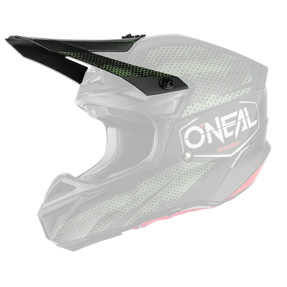 Il casco O'NEAL Visor 5SRS Polyacrylite COVERT è un casco da motocross integrale nero e verde con visiera, motivo a nido d'ape e accenti rossi, mostrato nel profilo laterale sinistro.