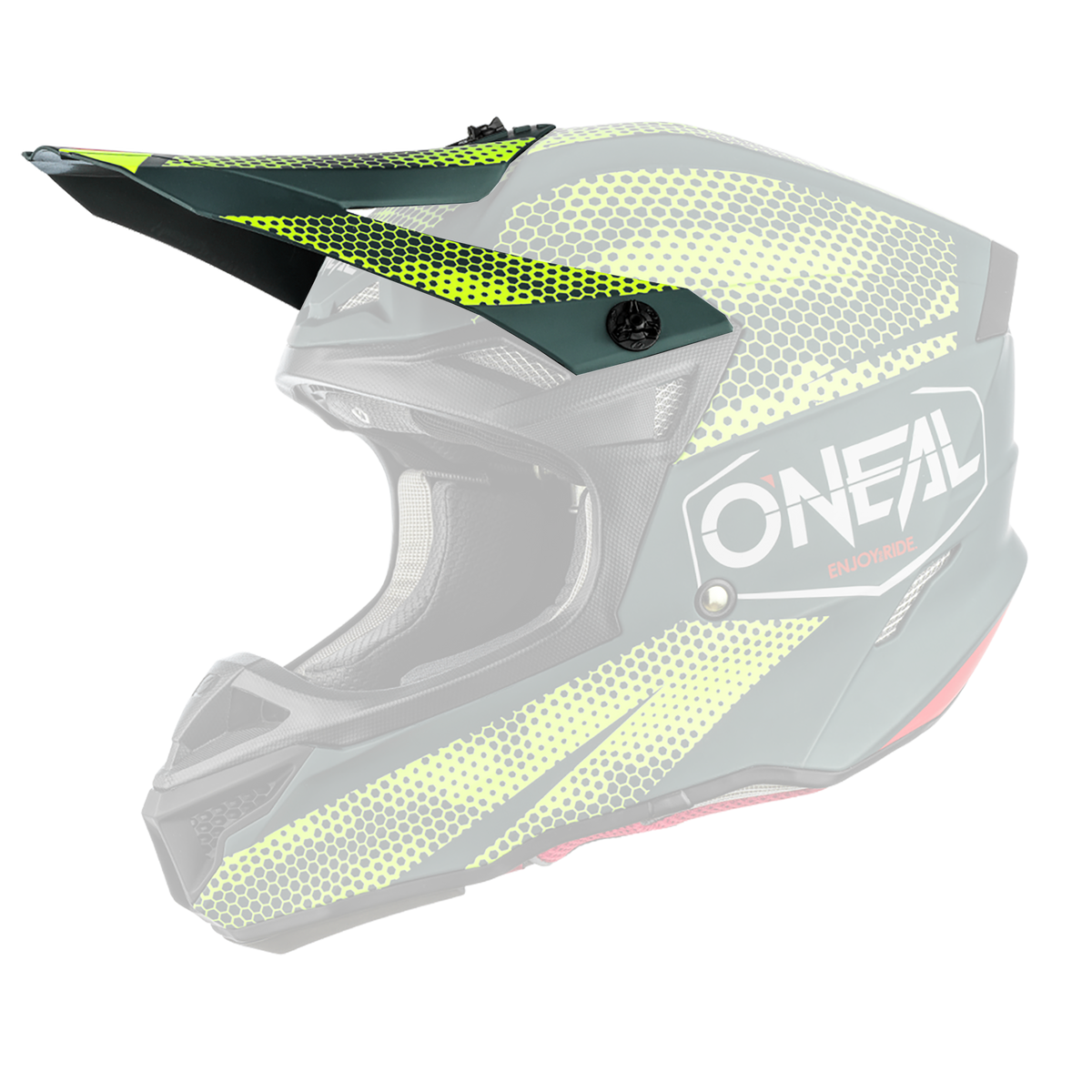 El Casco O'NEAL Visor 5SRS Polyacrylite COVERT es un casco de motocross verde y negro con motivos hexagonales en amarillo brillante, una llamativa visera y la inscripción "O'NEAL" en blanco en el lateral.