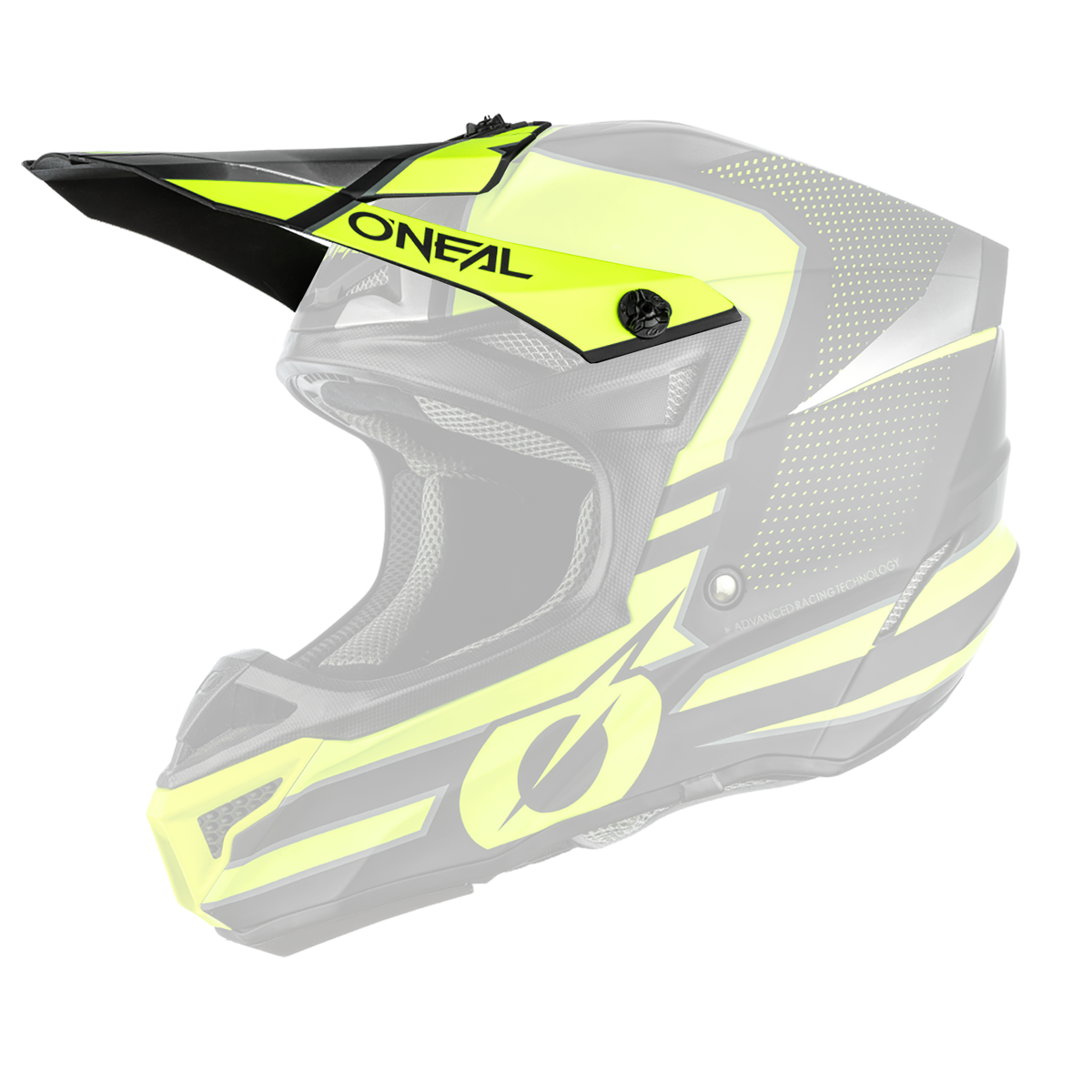 Le casque O'NEAL Visor 5SRS Polyacrylite Helmet SLEEK est un casque de motocross noir et jaune fluo avec une visière, un intérieur en maille, des graphismes géométriques sur les côtés et le nom de la marque "O'NEAL" imprimé sur le devant.
