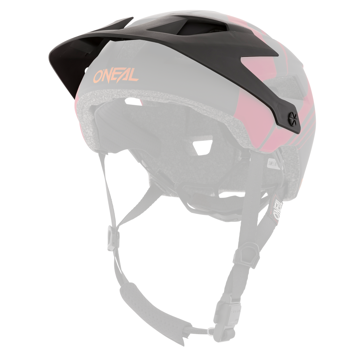 Il casco O'NEAL Visor Defender NOVA in nero e rosso con visiera, cinghie regolabili e interno imbottito può essere visto da dietro su uno sfondo bianco.