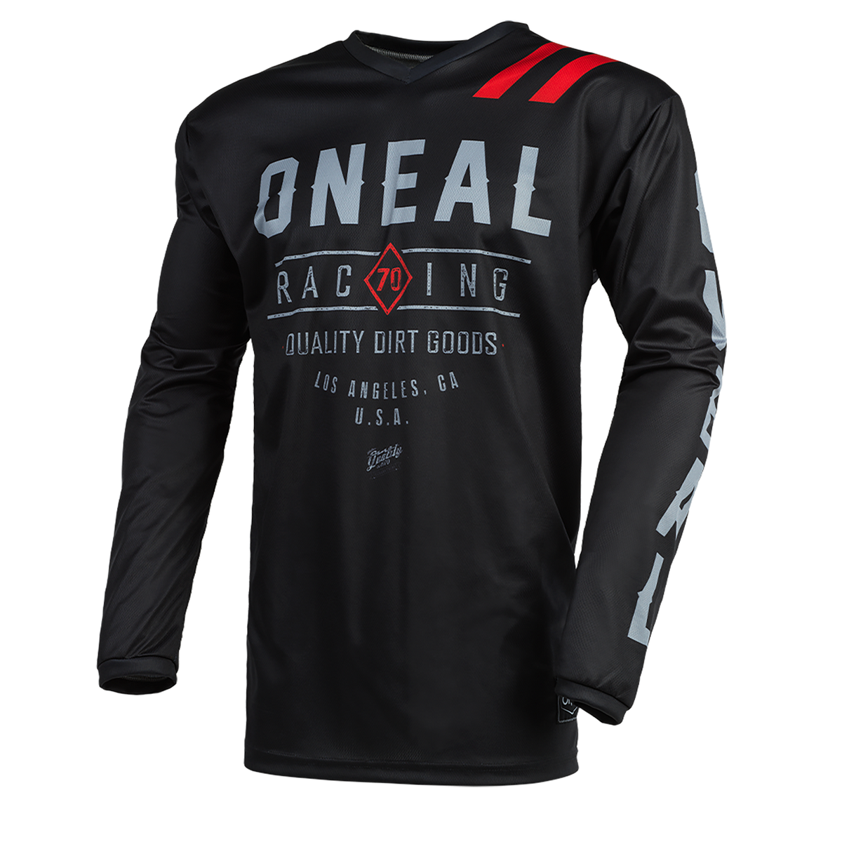 Das O'NEAL ELEMENT Jersey DIRT ist ein schwarzes Langarmtrikot mit weißer und roter Grafik, mit "ONEAL RACING" und "Quality Dirt Goods", roten Streifen auf der rechten Schulter und atmungsaktivem Material für eine perfekte Passform.