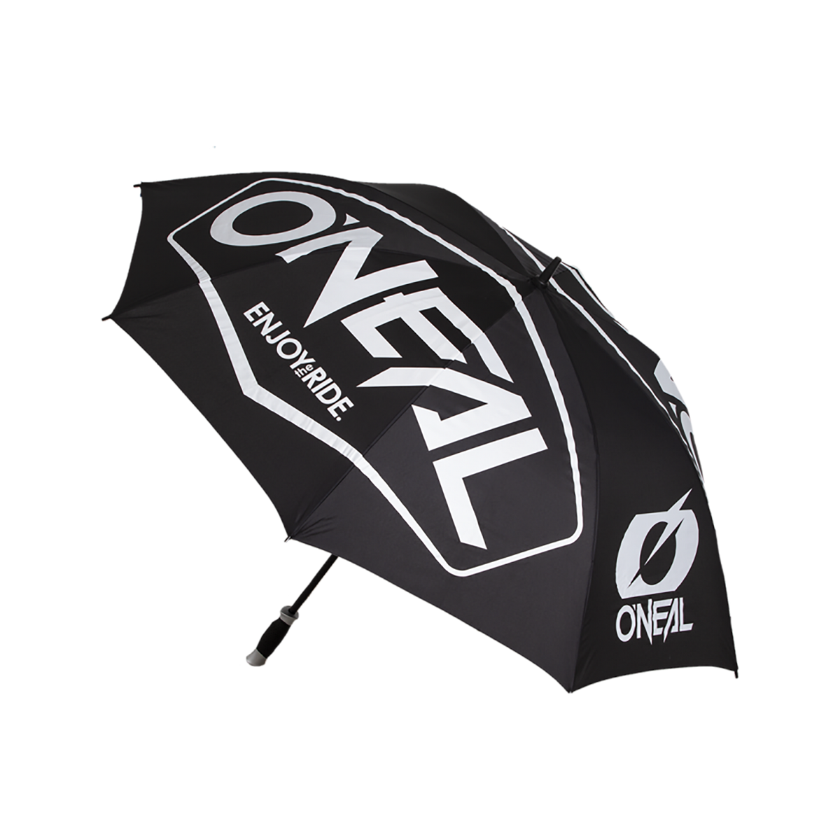 Der O'NEAL MOTO ATTACK Regenschirm HEXX ist ein schwarzer Regenschirm mit weißem "ONEAL"-Schriftzug, dem Slogan "ENJOY THE RIDE" und dem O'Neal-Logo auf einer Seite.