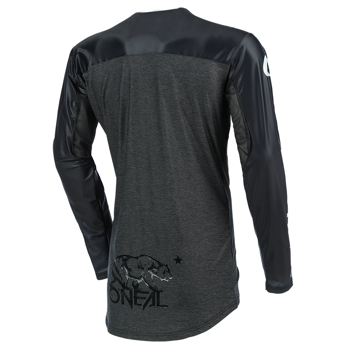Das O'NEAL MAYHEM Jersey HEXX ist ein langärmeliges Trikot in Dunkelgrau und Schwarz mit glänzender Oberfläche, von hinten gesehen. Es ist von hoher Qualität und zeigt eine Bären- und Sternengrafik über dem O'NEAL-Logo in der Nähe des Saums.