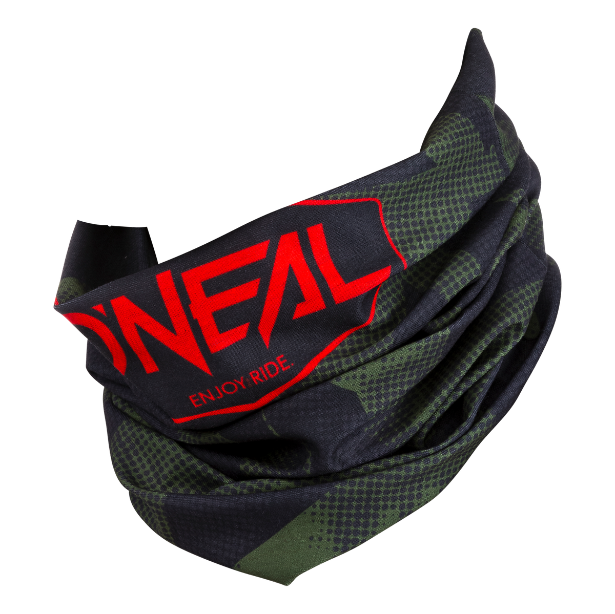 Lo scaldacollo O'NEAL COVERT è uno scaldacollo mimetico verde e nero con scritte rosse "O'NEAL" e "ENJOY RIDE", ideale per le avventure in motocross o mountain bike.