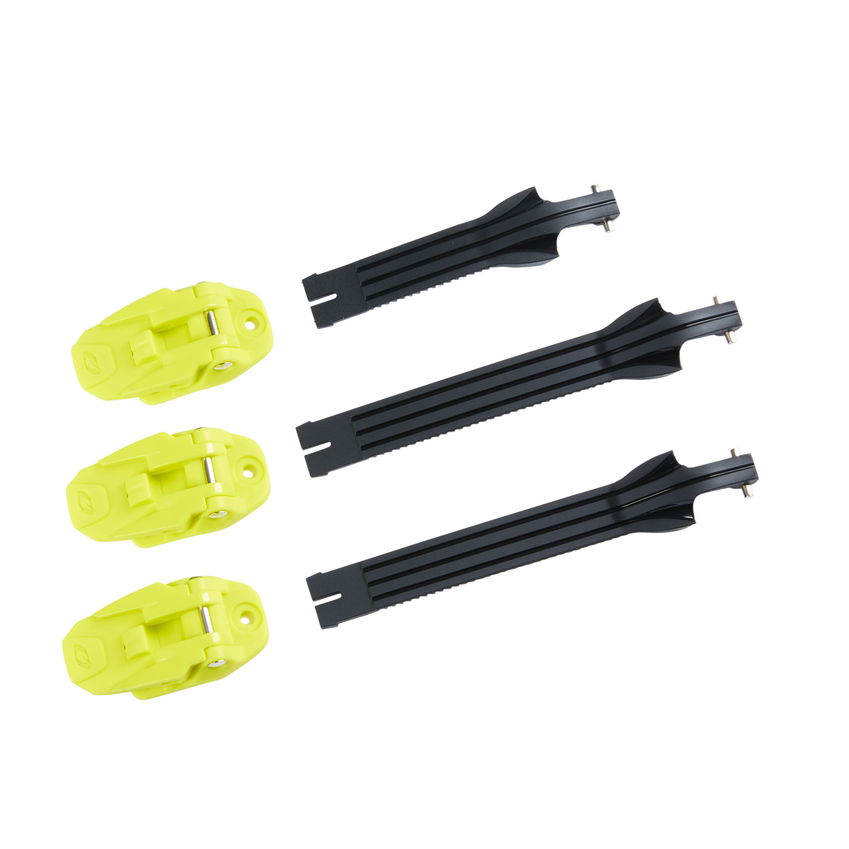 Tre set di fibbie complete O'NEAL RIDER Pro Yout Boot sono mostrati uno accanto all'altro, con clip di plastica gialle e lunghe guide scanalate nere su sfondo bianco.