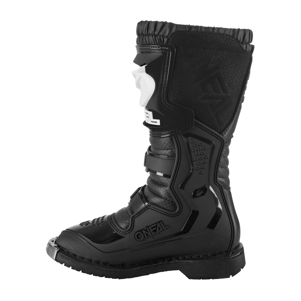 Der O'NEAL RIDER PRO Stiefel Kinder ist ein schwarzer Motocross-Stiefel mit hohem Schaft, Schutzeinsätzen, verstellbaren Riemen, weißem Oberteil und strukturierten Details - der ideale Offroad-Stiefel für junge Abenteurer.