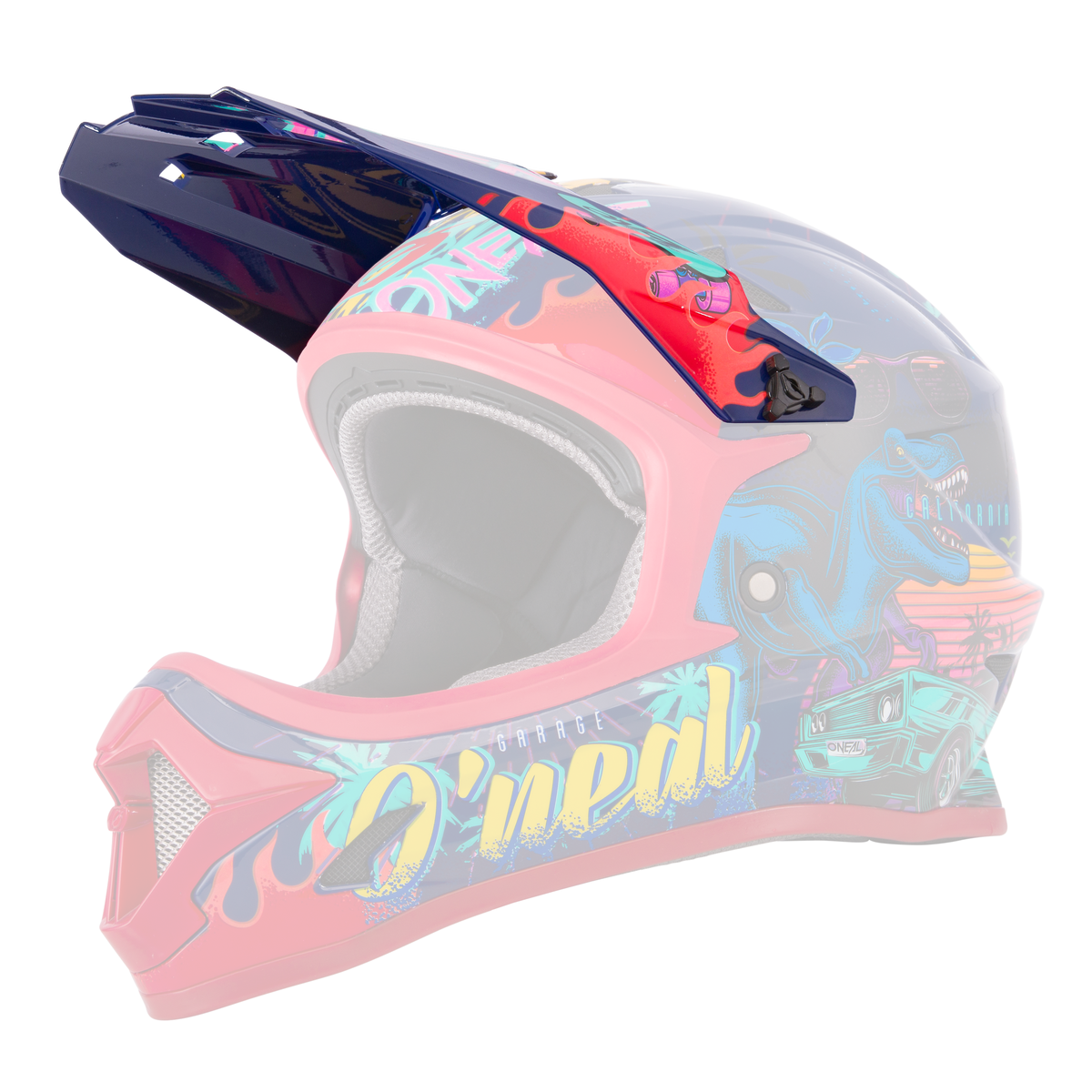 The O'NEAL Visor Sonus Youth Helmet REX is a colorful motocross helmet with eye-catching graphics featuring a blue T-Rex, a green van, palm trees, sunset elements and the brand name "O'NEAL" on the side.