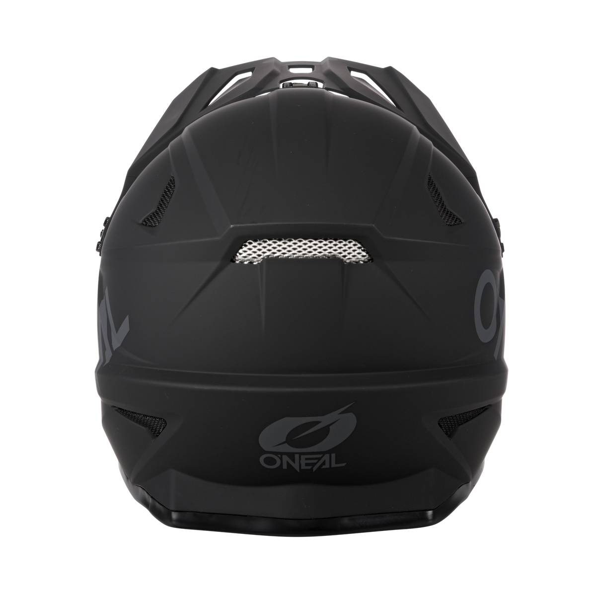 Der O'NEAL SONUS Helm SOLID in mattem Schwarz zeigt sich von hinten mit Belüftungsöffnungen, einem Mesh-Bereich und dem grauen O'NEAL-Logo im unteren Bereich - ideal für Ihre nächste MTB-Tour.