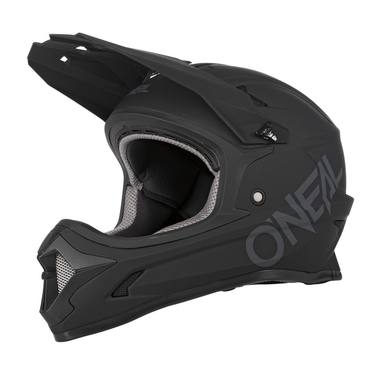 Der O'NEAL SONUS Helm SOLID ist ein mattschwarzer Fullface-MTB-Helm mit Visier und Kinnschutz, mit großem O'NEAL-Branding an der Seite und grau-schwarzer Innenpolsterung.