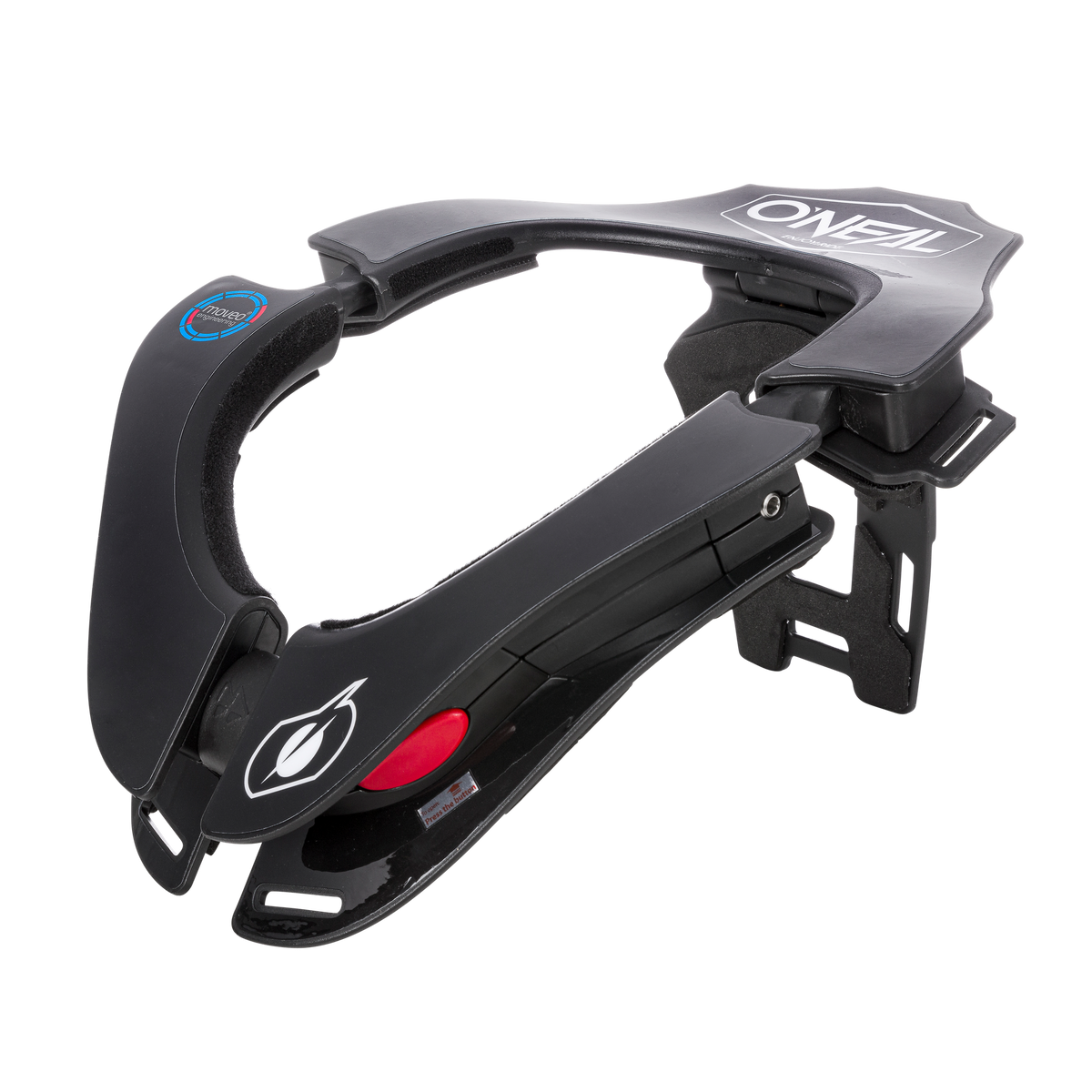 Ein schwarzer O'NEAL TRON Neckbrace SOLID mit Polsterung und rotem Auslöseknopf, der für die Sicherheit beim Motocross oder Fahrradfahren entwickelt wurde, ist vor einem weißen Hintergrund abgebildet.