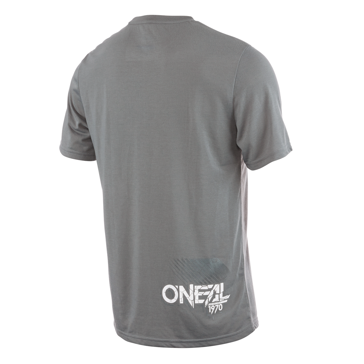 Gray short sleeve jersey by O'NEAL VAULT, seen from behind, with white "O'NEAL 1970" logo and a discreet graphic on the lower right hem.
