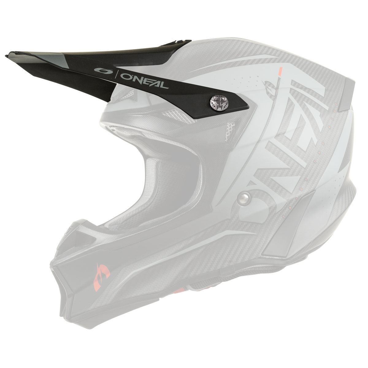 Le casque O'NEAL Visor 10SRS Carbon PRODIGY est un casque de moto à visière intégrale noir et gris avec un design anguleux, des accents rouges et une visière marquante représentée du côté gauche.