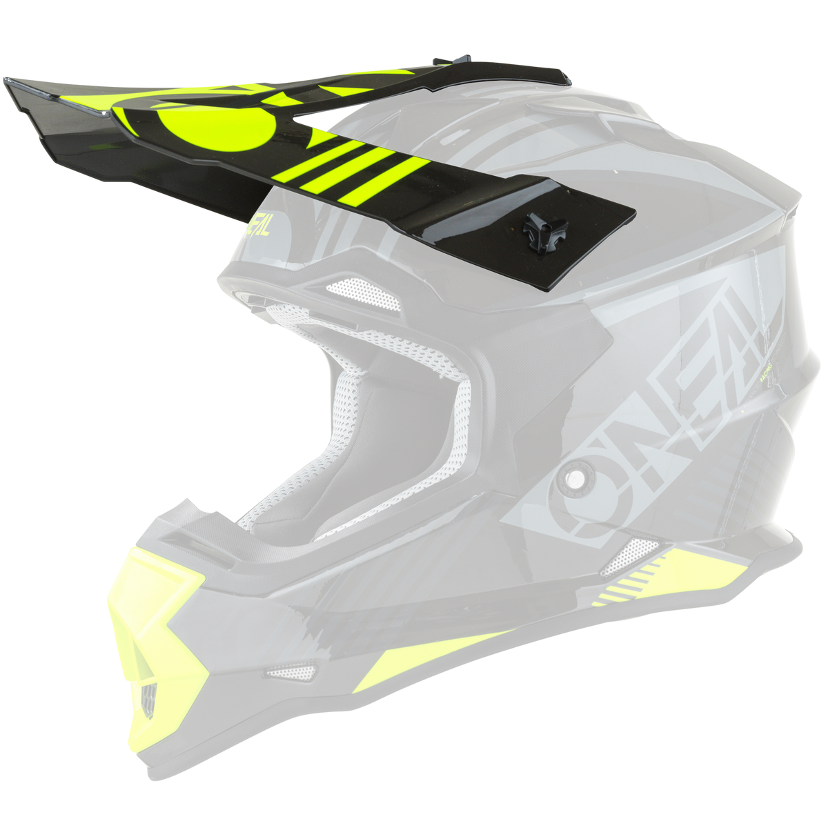 Le casque O'NEAL Visor 2SRS RUSH est un casque de motocross noir et jaune fluo avec des motifs géométriques voyants, une grande visière, une ventilation, un rembourrage de protection et l'inscription "O'NEAL" sur le côté.