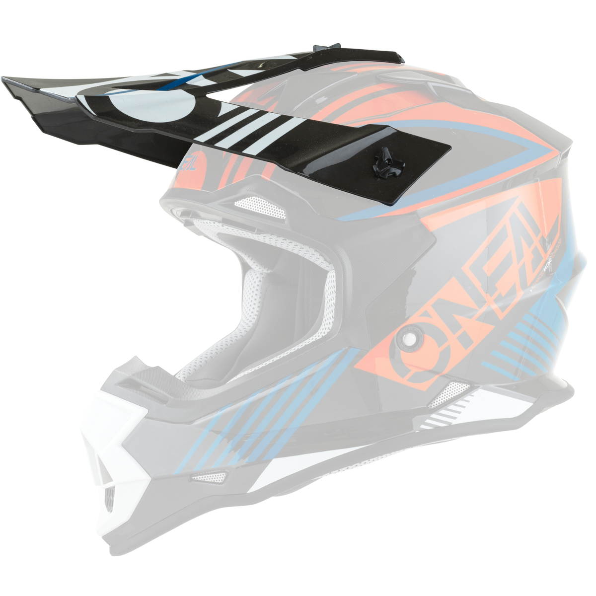 Le casque O'NEAL Visor 2SRS RUSH est un casque de motocross à visière intégrale avec un design géométrique noir, orange, bleu et blanc, une visière supérieure et "ONEAL" en lettres orange grasses sur le côté.