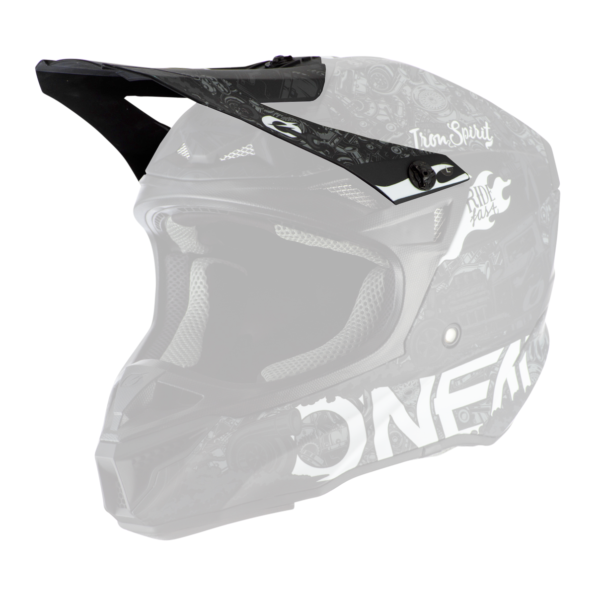 Der O'NEAL Visor 5SRS Polyacrylite Helmet HR ist ein schwarzer Motocross-Helm mit Visier, der mit weißen grafischen Motiven und den Aufschriften "Ride Fast" und "Iron Spirit" versehen ist. Er hat eine aerodynamische Form, eine robuste Bauweise und eine atmungsaktive Innenpolsterung.