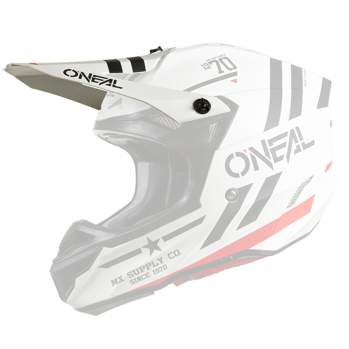 Image d'un casque O'NEAL Visor 5SRS Polyacrylite SQUADRON en blanc avec des graphiques noirs et rouges. Le casque a une visière et les mots "O'NEAL" et "MX Supply Co" sont imprimés sur le côté. Le design est mis en valeur par des bandes noires carrées et le numéro "70" en noir.