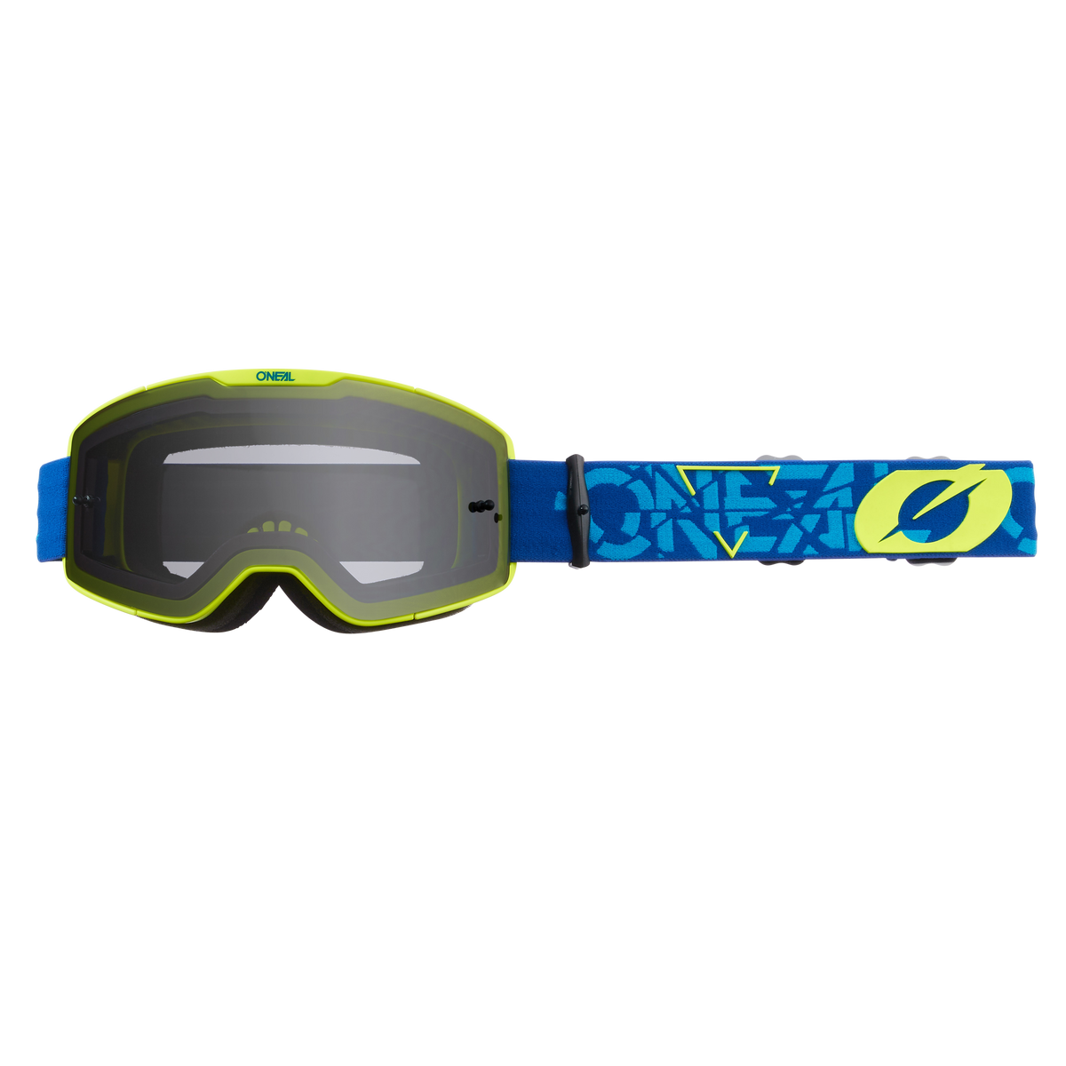 Gafas O'NEAL B-20 STRAIN de color amarillo neón y negro con cinta gráfica azul con "O'NEAL" en letras llamativas, amplio campo de visión, lentes reflectantes y correa ajustable.