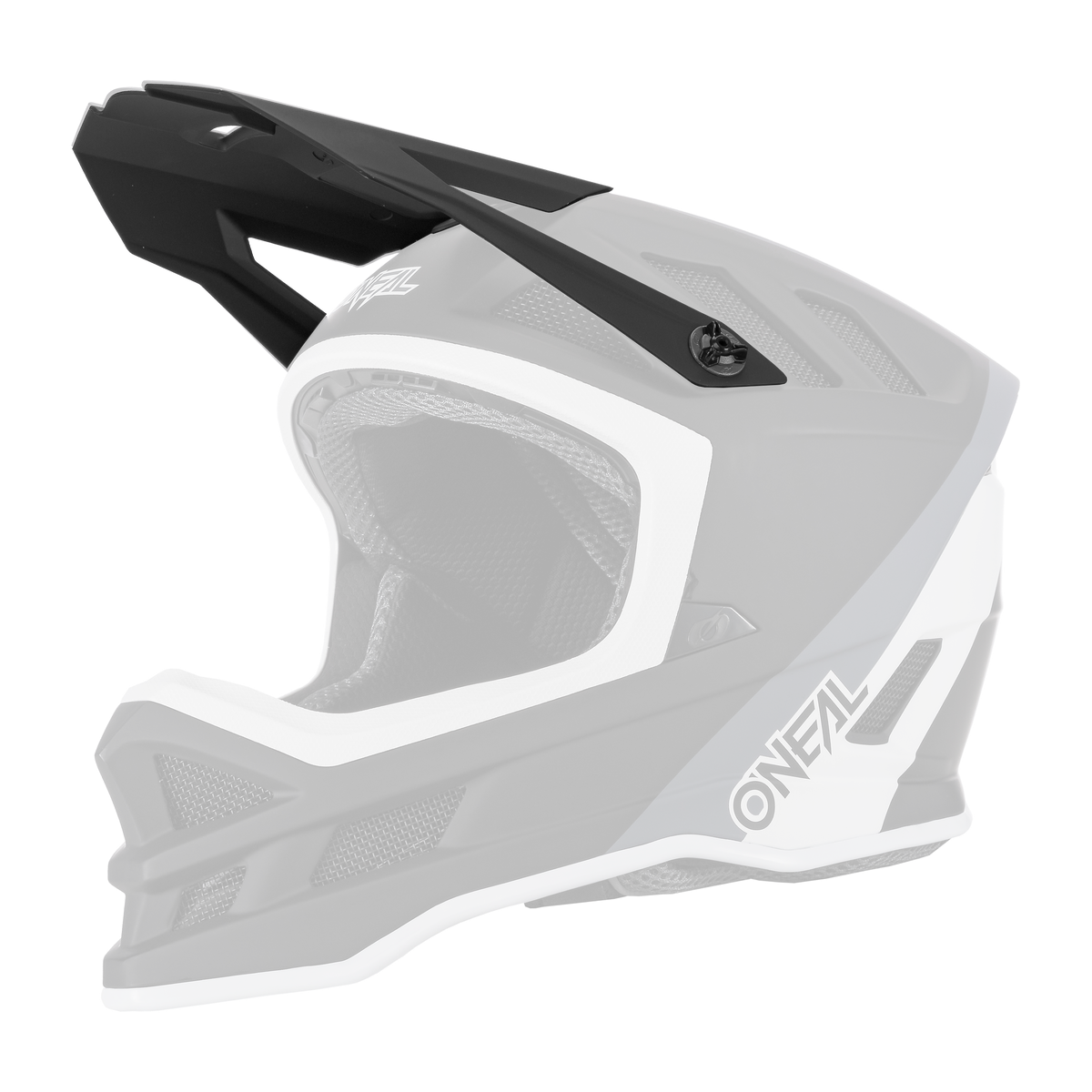 Il casco O'NEAL Visor Blade Hyperlite CHARGER, qui raffigurato in nero, bianco e grigio da sinistra, è un casco integrale con visiera, ventilazione in rete e interni imbottiti.