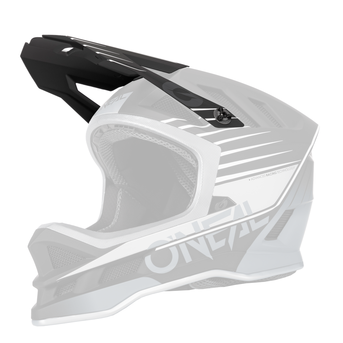 The O'NEAL Visor BLADE Polyacrylite Helmet DELTA is a black, gray and white full-face helmet with angular ventilation openings, a robust chin guard and eye-catching O'NEAL branding on the side.