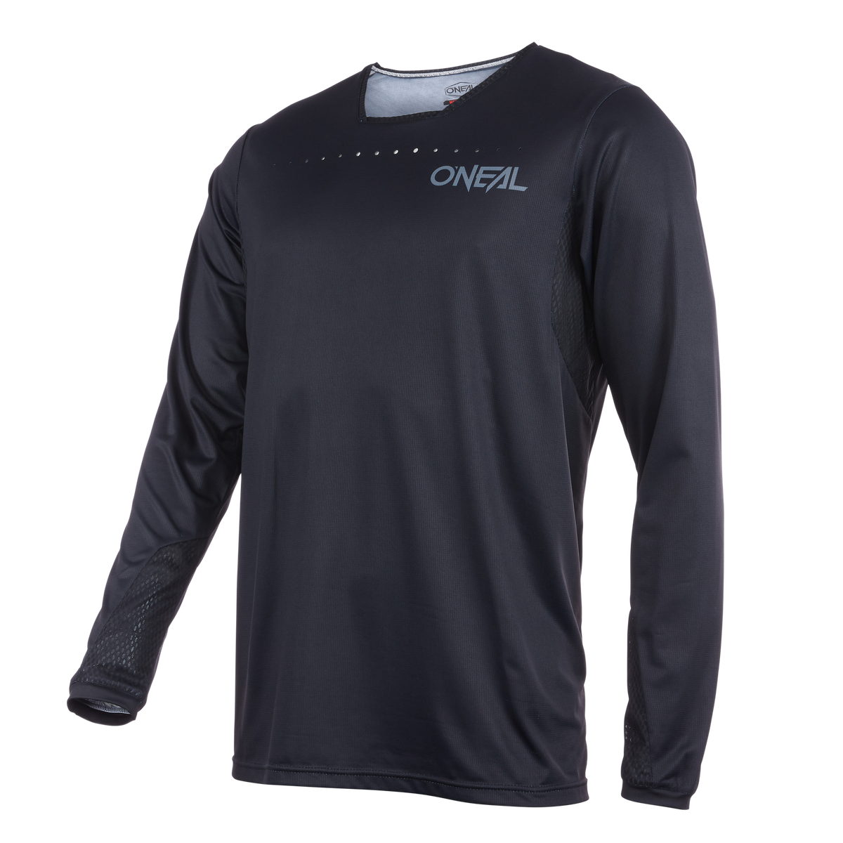 Das O'NEAL ELEMENT FR Jersey PLAIN ist ein schwarzes, langärmeliges MTB-Trikot mit Rundhalsausschnitt und "ONEAL"-Brustlogo. Es ist aus leichtem, atmungsaktivem Material gefertigt und eignet sich perfekt für Enduro, Downhill und andere Sportarten.