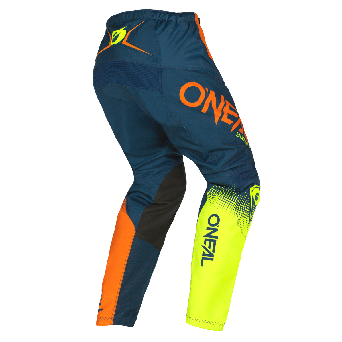 Le pantalon RACEWEAR ELEMENT de O'NEAL offre un blocage de couleurs bleu, orange, noir et jaune fluo, des logos accrocheurs, des inserts en mesh pour la respirabilité et une taille élastique pour un style confortable de sport automobile et une protection.