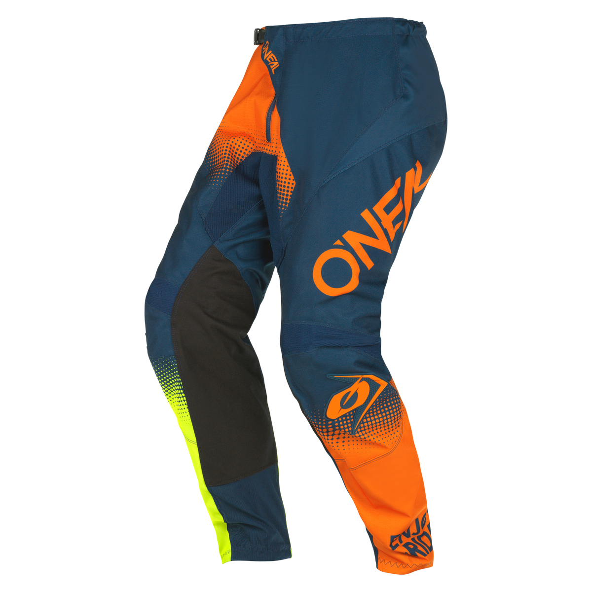 Le pantalon O'NEAL ELEMENT RACEWEAR se caractérise par des couleurs bleues, orange et jaunes, une inscription O'NEAL orange très voyante, des inserts noirs sur les genoux pour une protection supplémentaire et un motif à pois avec dégradé de couleurs - idéal pour les fans de sports mécaniques.