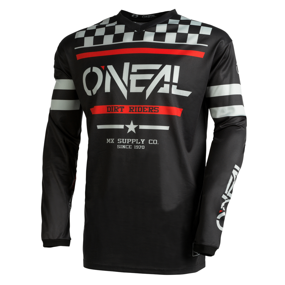 El maillot personalizado O'NEAL Element SQUADRON es un maillot negro de manga larga con gráficos en blanco y rojo, un estampado de cuadros y rayas llamativas, ideal como maillot personalizado para los aficionados al motocross.