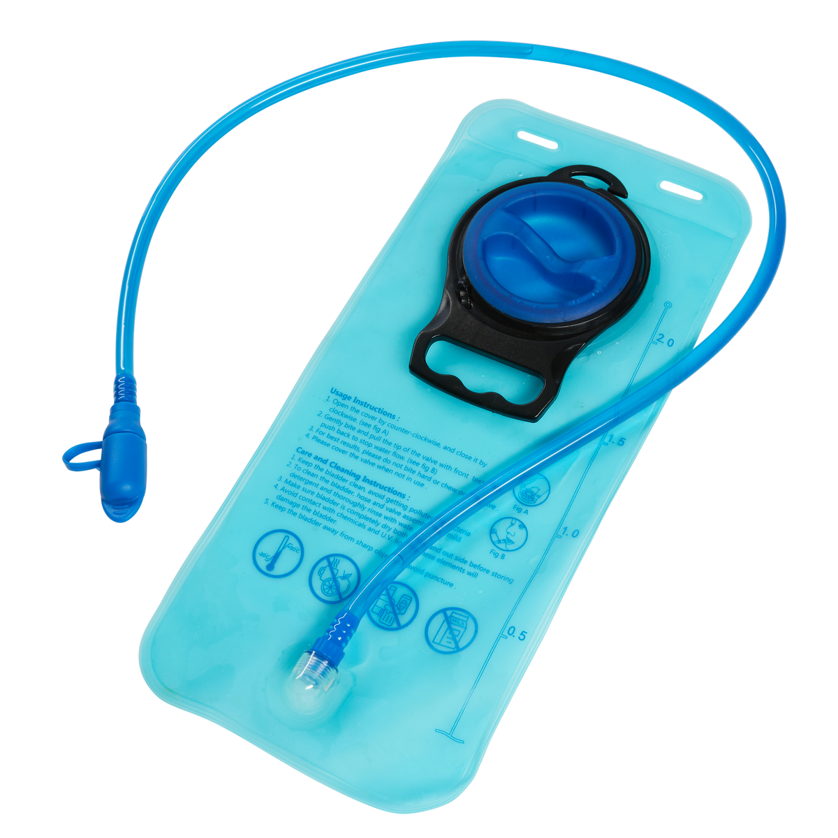 Le sac à dos O'NEAL Hydration Bladder ROMER a un design bleu avec un long tuyau d'hydratation, un embout buccal, des repères de mesure et des instructions imprimées - idéal pour rester hydraté même en déplacement.