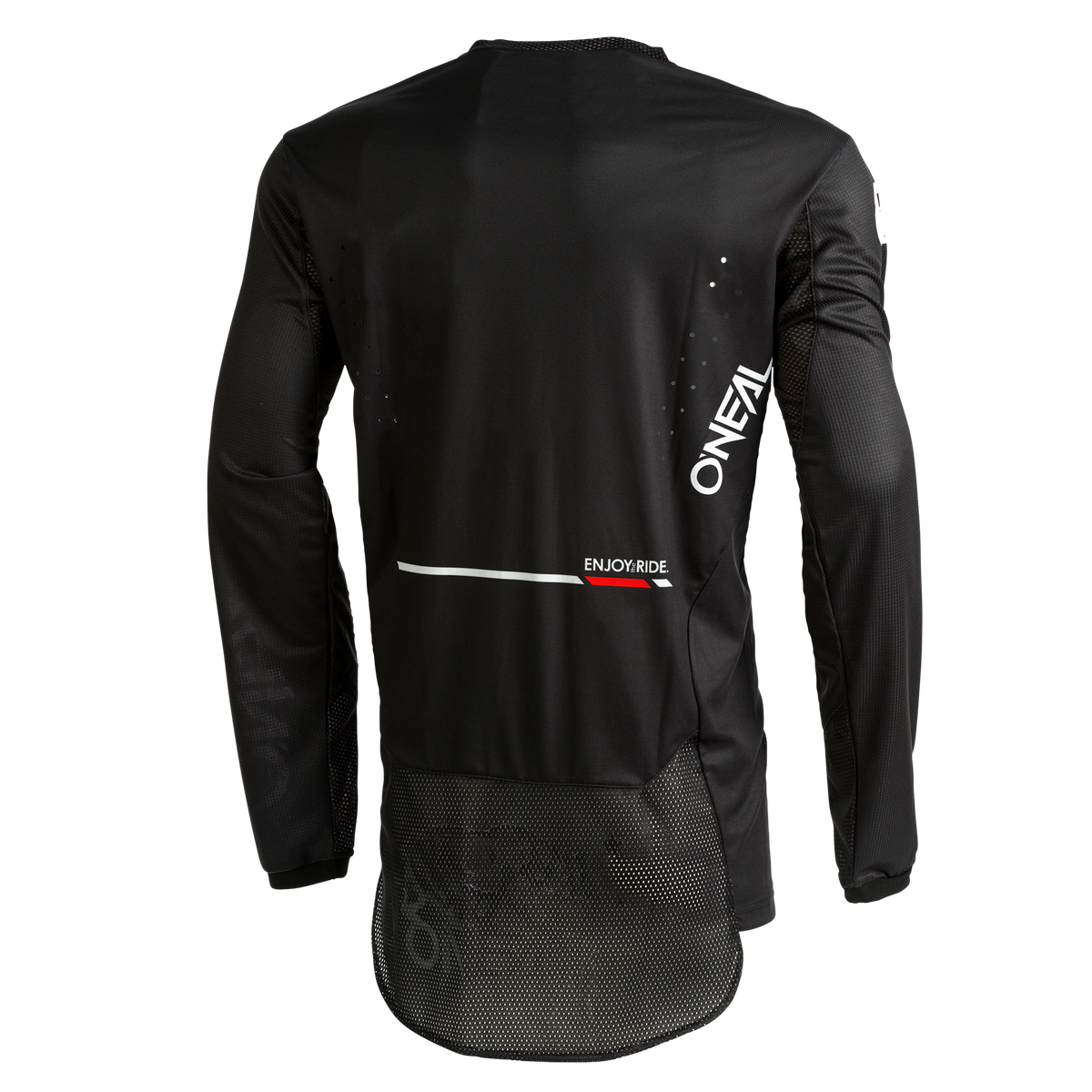 El maillot personalizado O'NEAL Hardwear ELITE es un maillot negro de manga larga con malla en la parte inferior de la espalda, la inscripción "ONEAL" en blanco en el lado derecho y un gráfico "ENJOY RIDE" en rojo y blanco, ideal para los que quieren un look O'NEAL personalizado.