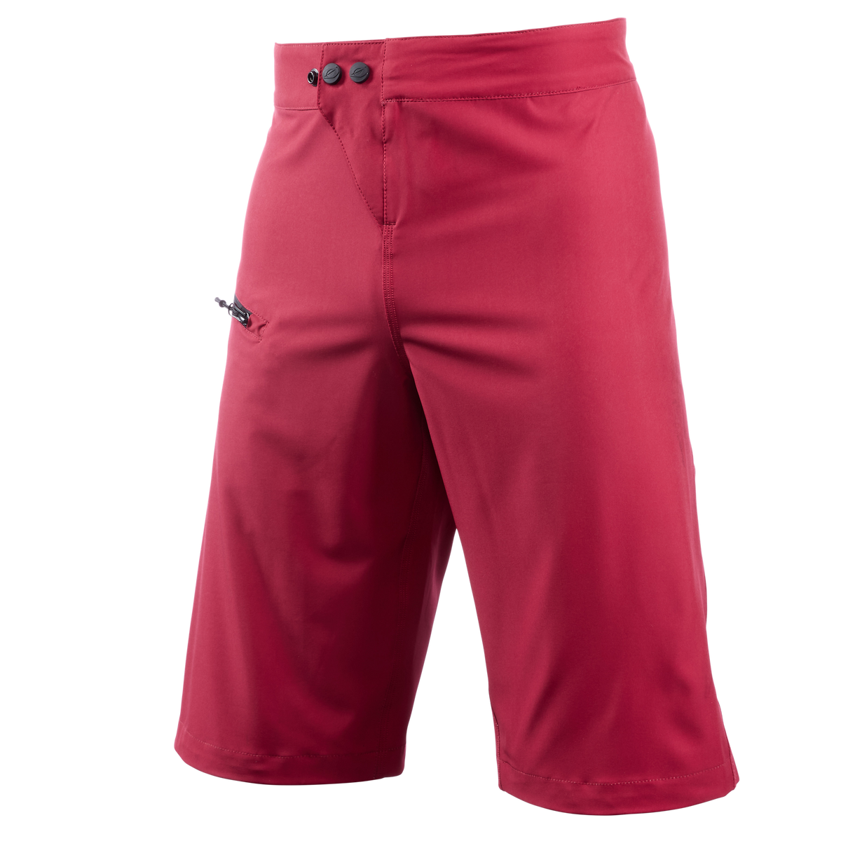 O'NEAL MATRIX Shorts in Rot, knielang mit zwei Knöpfen am Bund, Reißverschluss und einer kleinen Tasche mit Reißverschluss am rechten Oberschenkel - ideal zum Mountainbiken. Abgebildet vor weißem Hintergrund.