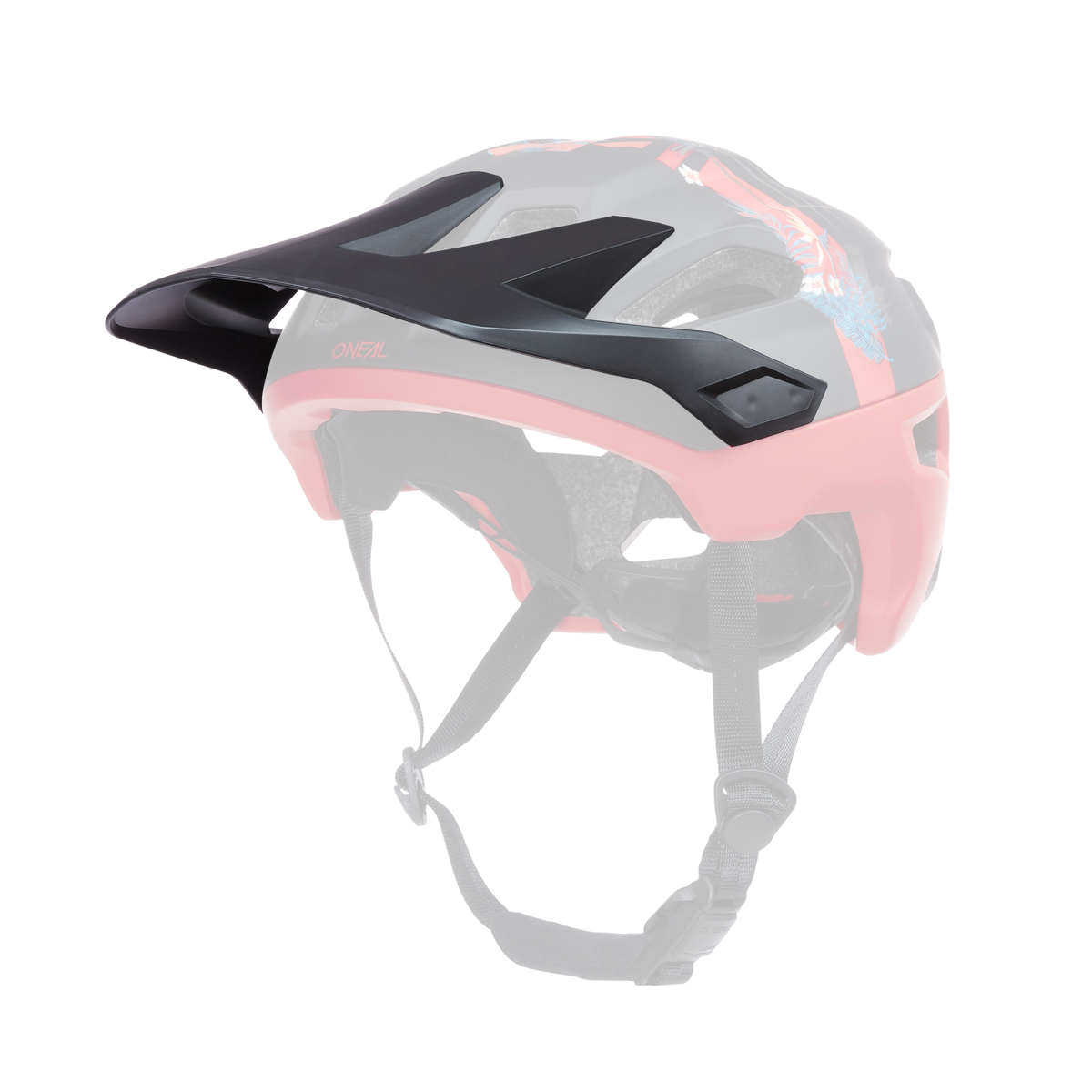 The O'NEAL Visor TRAILFINDER Helmet RIO is a black and red mountain bike helmet with visor, adjustable straps, ventilation holes and O'NEAL graphics on the side on a monochrome background.